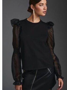 Anthropologie Sheer Puff-Sleeve Black Top